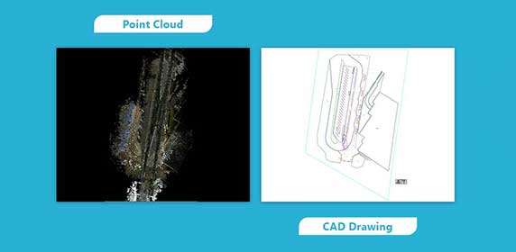 Point cloud to CAD conversion showing scan data and CAD drawing deliverables